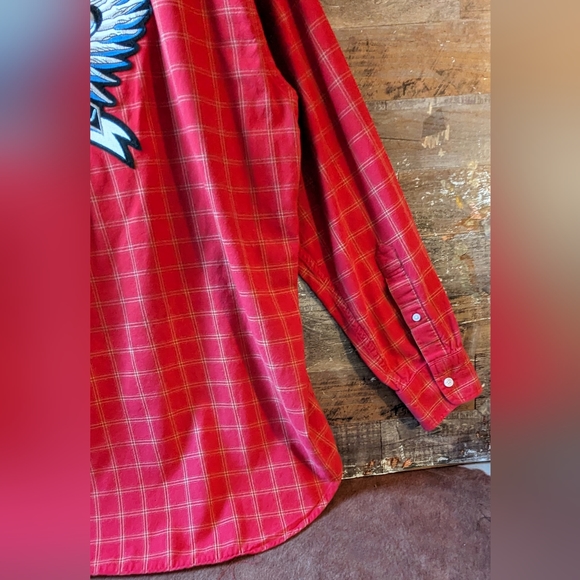 Upcycled Handcrafted Dip Dyed Bleached Red Plaid Button Down Shirt W God Speed - Picture 6 of 14